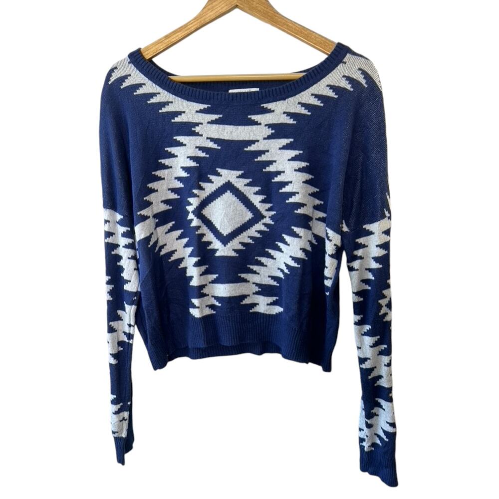 Delia's Blue White Aztec Print Long Sleeve Cotton Acrylic Sweater Womens Medium